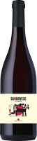 Eine Weinflasche mit einem langen, schwarzen Hals und einem runden, bauchigen Körper. Das Etikett zeigt einen stilisierten Text und möglicherweise ein Bild, um den Wein zu kennzeichnen.