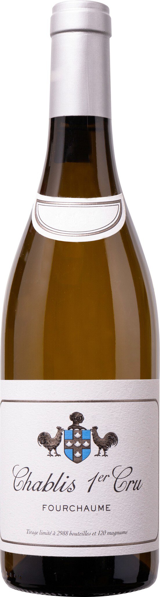 Eine Flasche Weißwein steht aufrecht mit einem schlichten, eleganten Etikett. Der Wein hat eine klare, goldene Farbe und befindet sich in einem Standard-Glasbehälter.