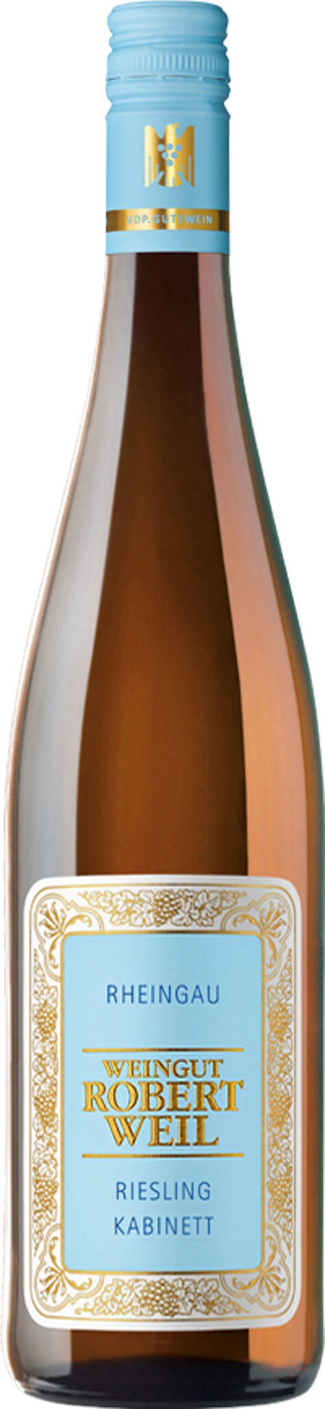 Eine Flasche Wein steht aufrecht, mit einem eleganten, hellblauen Kapselverschluss. Das Etikett zeigt goldene Verzierungen und Informationen über den Wein, darunter -Rheingau-, -Weingut Robert Weil- und -Riesling Kabinett-.