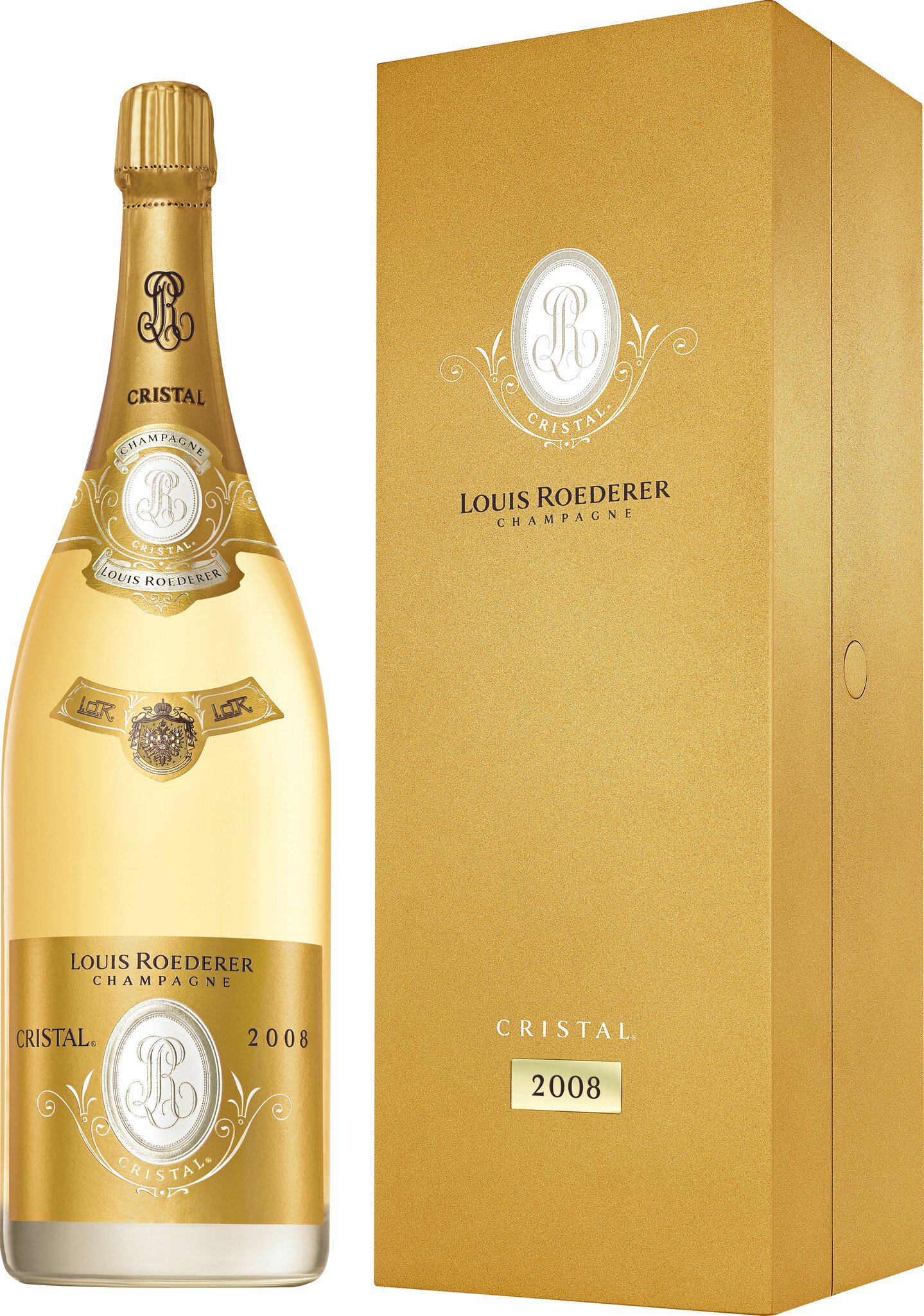 Eine große Flasche Champagner in einem goldenen, eleganten Karton. Die Flasche hat ein auffälliges Design mit einem Wappen. Der Hintergrund ist neutral und hebt das Produkt hervor.