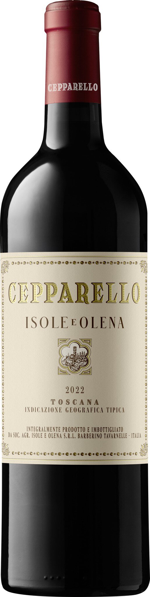 Eine Flasche Rotwein steht aufrecht. Sie hat ein elegantes Etikett mit textueller Beschriftung und einer farbigen Darstellung. Der Korken hat eine rote Farbe, die den Flaschenhals krönt.