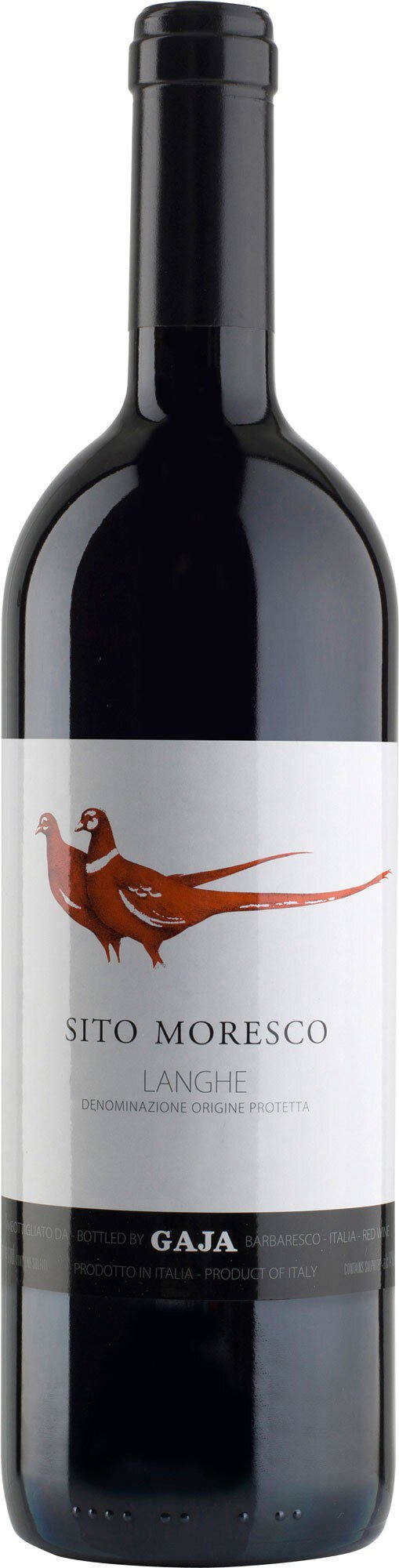 Eine Flasche Rotwein steht aufrecht. Die Flasche hat ein etikettiertes Design mit einer schlichten weißen und grauen Beschriftung, auf der ein künstlerisches Element abgebildet ist.