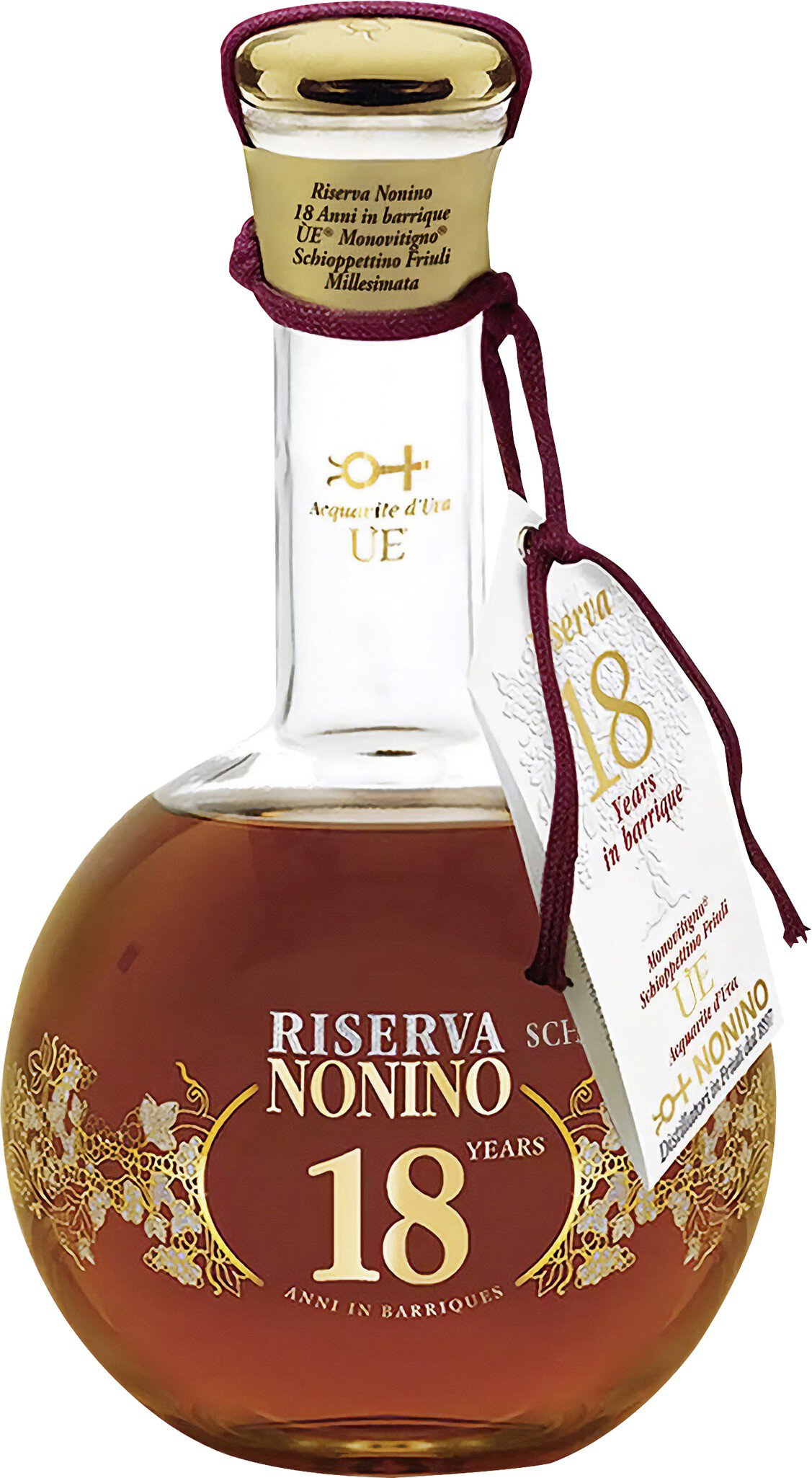 Eine runde, gläserne Flasche mit einem goldenen Verschluss. Die Flasche enthält eine dunkle Flüssigkeit und hat ein Etikett mit der Aufschrift -18-. Ein dekoratives, rotes Band hängt daran.