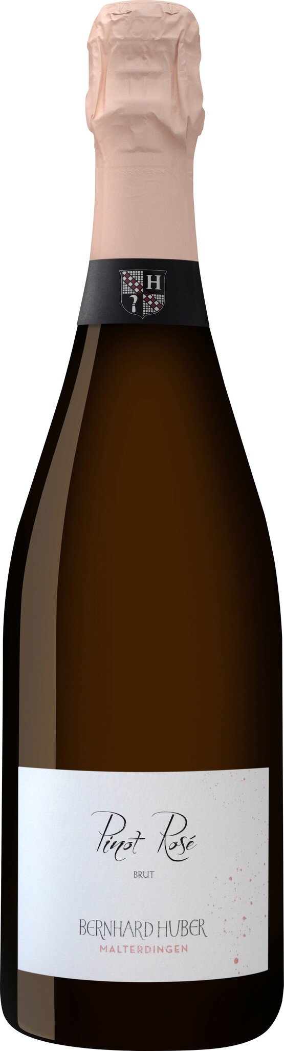 Eine elegante Flasche Sekt mit einer hellen, schlanken Form und einem korkenähnlichen Verschluss. Das Etikett ist schlicht in Weiß gehalten und zeigt einen minimalistischen Schriftzug.