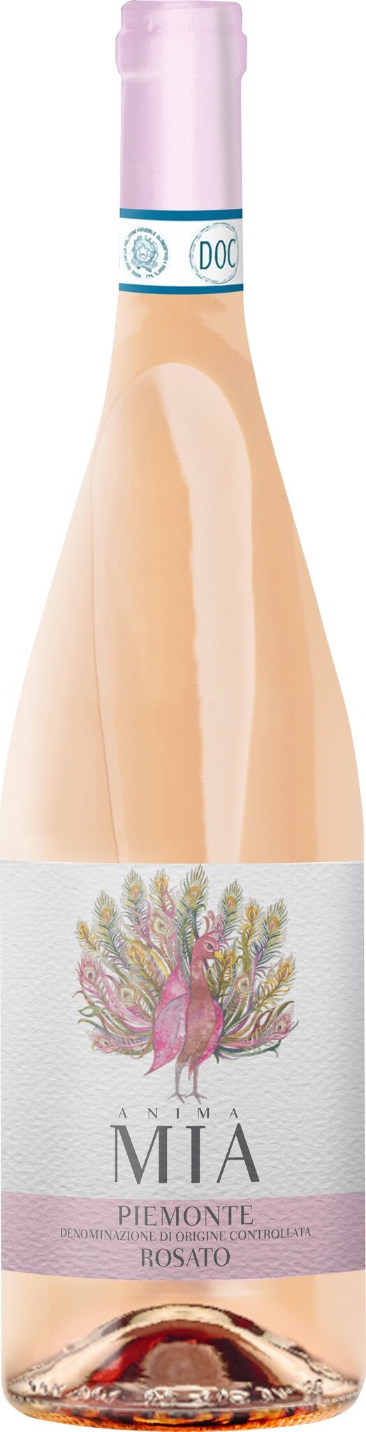 Eine Flasche rosé Wein steht auf einem neutralen Hintergrund. Die Flasche hat einen langen Hals und einen hellen, zart rosa Farbton. Das Etikett zeigt eine künstlerische Darstellung, die floral gestaltet ist.
