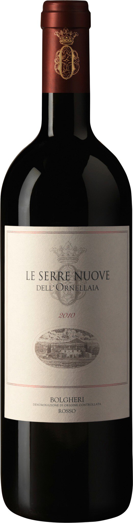 Eine Flasche Rotwein steht auf einem weißen Hintergrund. Die Flasche hat eine dunkelrote Farbe mit einem Etikett, das eine helle, schlichte Gestaltung aufweist.