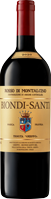 Eine rote Weinflasche mit einem goldenen Etikett. Auf dem Etikett steht -ROSSO DI MONTALCINO- und -BIONDI-SANTI-. Das Jahr 2020 ist hervorgehoben. Im Hintergrund ist der Flaschenhals sichtbar.