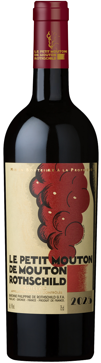 Eine Weinflasche mit rotem Korken. Das Etikett zeigt den Namen -Le Petit Mouton de Mouton Rothschild- sowie einen künstlerischen, grafischen roten Druck. Jahrgang 2020, aus der Region Pauillac.