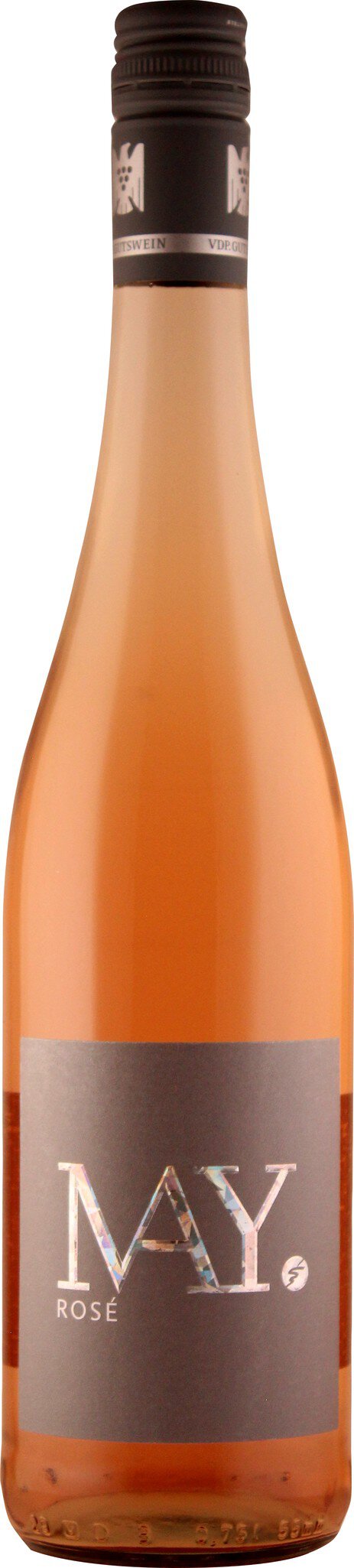 Eine Flasche Roséwein mit einem schlanken, orangefarbenen Körper. Das Etikett zeigt den Schriftzug -M.Y.- in Großbuchstaben, umgeben von einem grauen Rechteck. Der Flaschenverschluss ist schwarz.