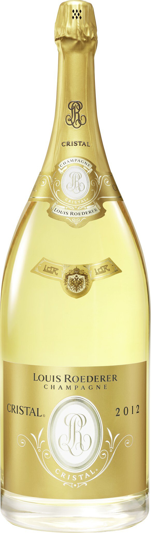 Eine große, elegante Flasche Champagner mit einem hellgelben Etikett. Die Flasche hat eine goldene Kapsel und spezielle Verzierungen. Im Hintergrund ist kein weiteres Umfeld sichtbar.