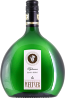 Eine grüne Weinflasche in einer besonderen Form mit einem Etikett, das den Namen -Sylvaner- und -Iphöfer Berg- zeigt. Das Etikett enthält auch goldene Verzierungen.