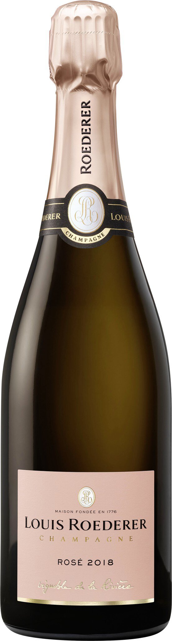 Eine Flasche Schaumwein ist im Mittelpunkt, mit einem eleganten, roséfarbenen Etikett. Der Korken ist mit einem Band verschlossen, umgeben von einer neutralen Hintergrundfarbe.