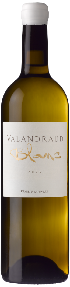 Eine Flasche Valandraud Blanc 2025 mit einem eleganten, hellen Glasdesign. Das Etikett ist schlicht und modern, mit goldener Schrift auf weißem Hintergrund.