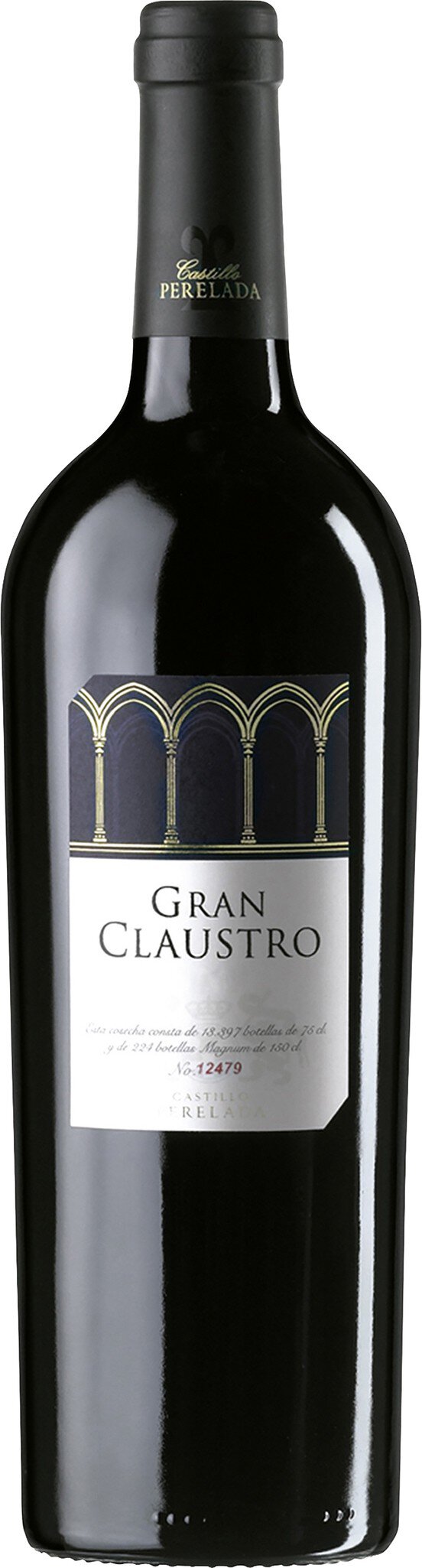 Eine Flasche Rotwein steht aufrecht. Die Flasche ist dunkel, hat ein elegantes Design mit einem klaren Etikett in Schwarz und Silber. Sie scheint in einem neutralen Hintergrund platziert zu sein.