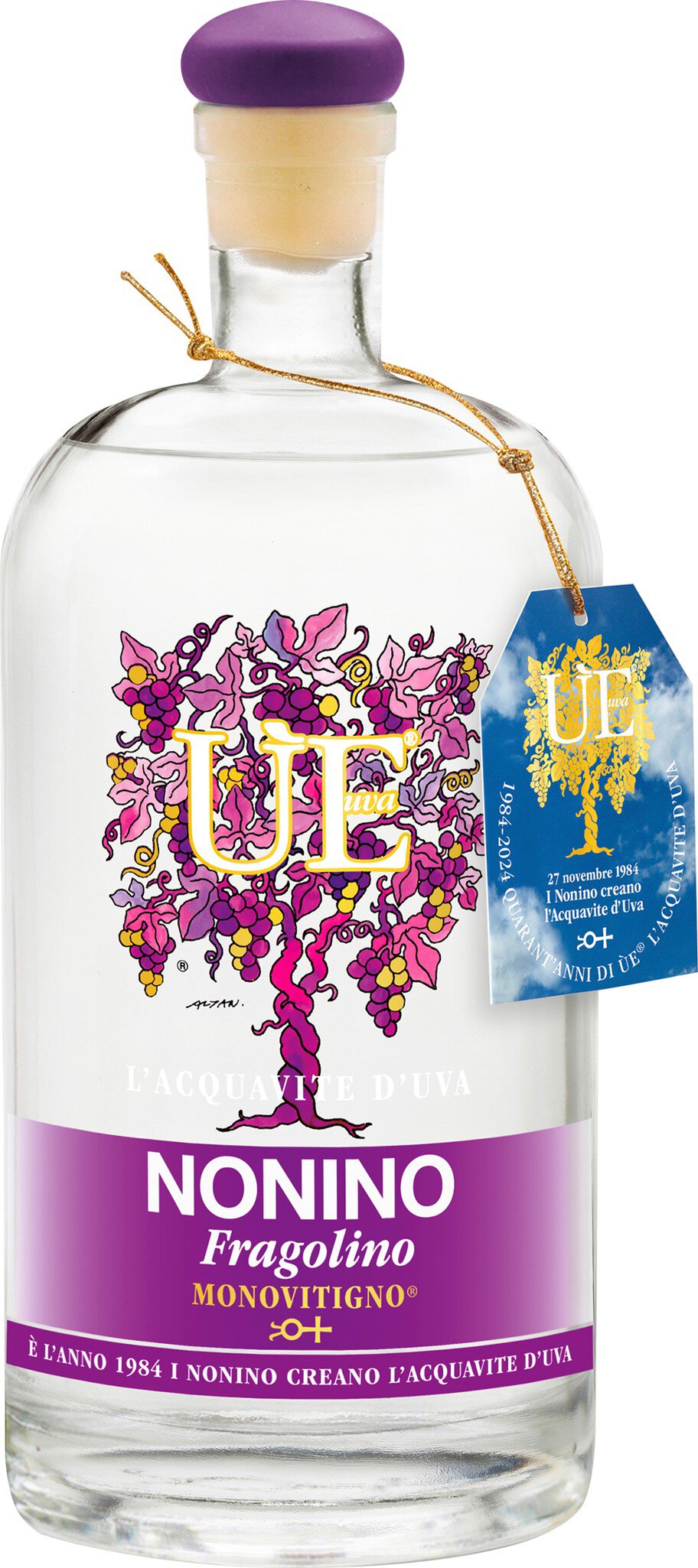 Eine Flasche mit einem klaren, transparenten Inhalt. Die Flasche hat einen runden Körper und einen Korkverschluss. Auf dem Etikett ist ein buntem Baum-Design sowie der Schriftzug -Nonino- zu sehen.
