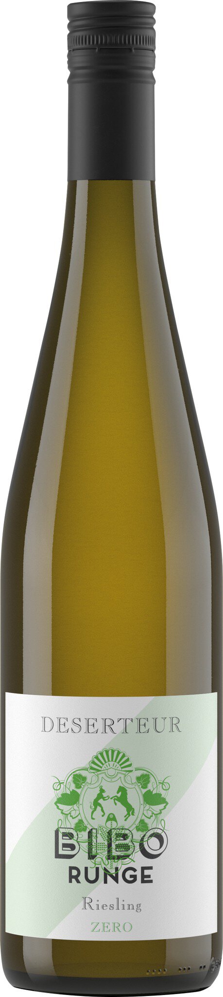 Ein schlanker Weinflasche mit grünem Etikett steht auf einem neutralen Hintergrund. Das Etikett zeigt ein grafisches Design und Informationen über den Wein.