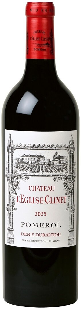 Eine Flasche Rotwein mit einem weißen Etikett, das den Namen -Château l-Eglise-Clinet 2025 Pomerol- und den Namen -Denis Durantou- trägt. Oben befindet sich ein roter Kapselverschluss.