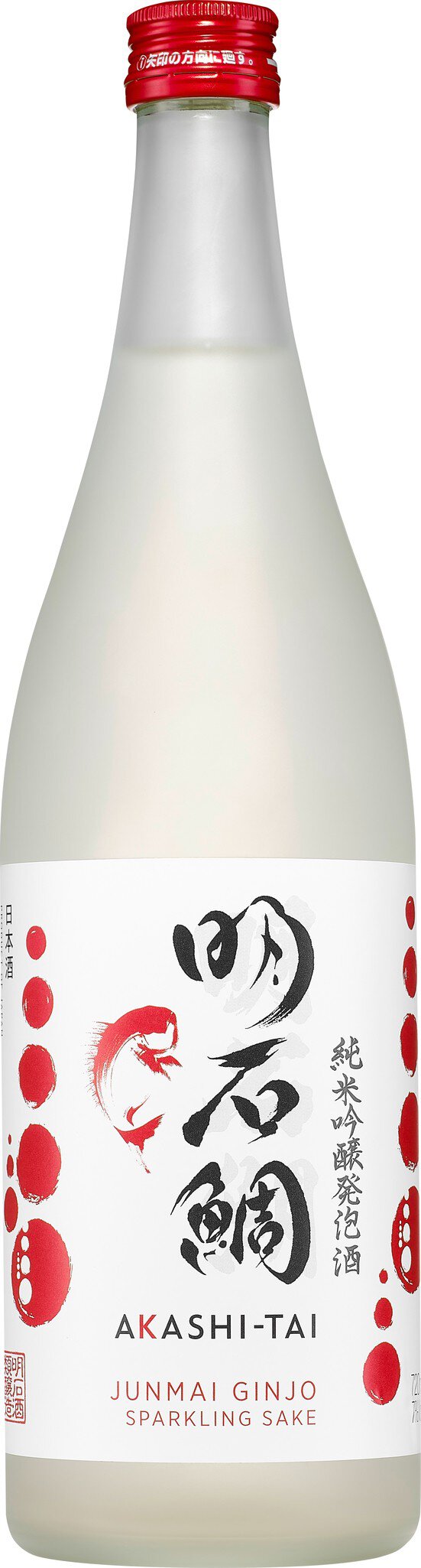 Eine Flasche Sake mit einer klaren Flüssigkeit und einem roten Verschluss, auf dem Etikett sind japanische Schriftzeichen und rote grafische Elemente abgebildet.