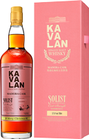 Eine Flasche Whisky mit einem pinken Etikett steht neben einer passenden Verpackung. Die Flasche hat einen goldenen Verschluss und der Schriftzug zeigt den Namen der Marke.