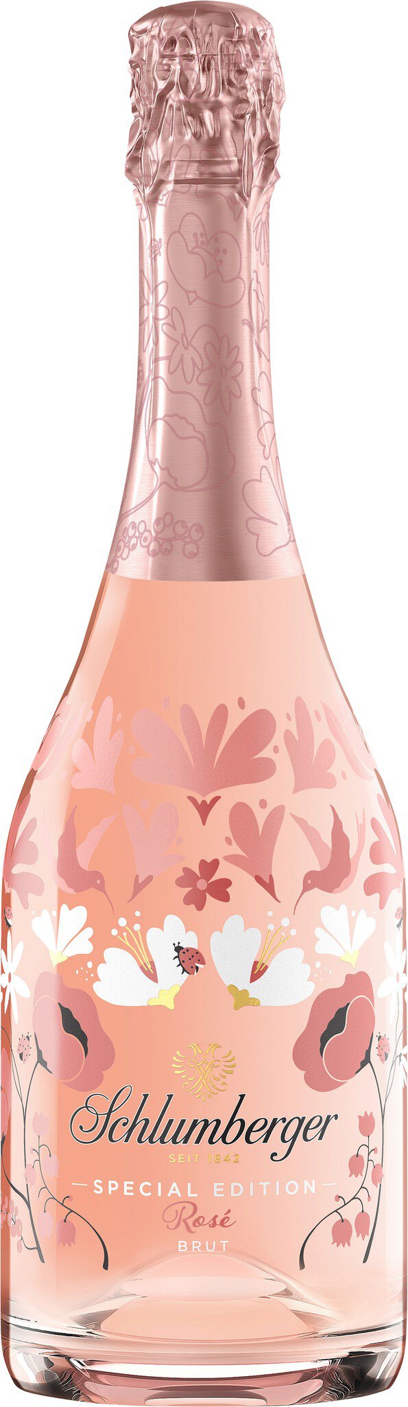 Eine Flasche roséfarbener Sekt mit einem dekorativen Korken. Die elegante Flasche zeigt ein feines Etikett und steht auf einem neutralen Untergrund, der den Fokus auf das Produkt lenkt.