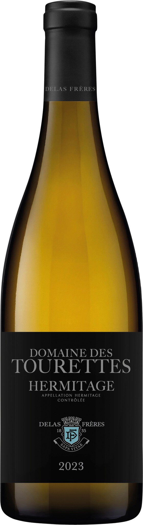 Eine Flasche Weißwein mit einem eleganten, schlanken Design. Die Etikette ist dunkel und schlicht, mit einem Wappen. Der Wein hat eine goldene Farbe und steht auf neutralem Hintergrund.