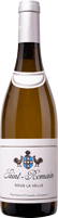 Eine Flasche Weißwein steht aufrecht. Der Glasflakon hat ein schlichtes, elegantes Design mit einem weißen Etikett, das einen floralen Aufdruck zeigt.