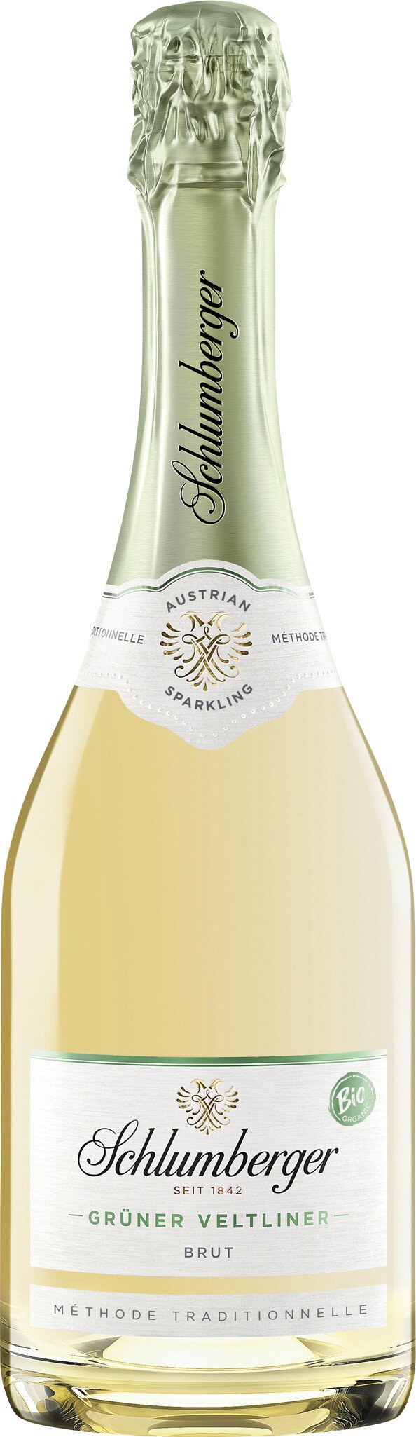 Eine Flasche Sekt mit einem hellen, eleganten Etikett. Der Sekt stammt von Schlumberger, ist aus Grüner Veltliner, brut und in traditioneller Methode hergestellt.