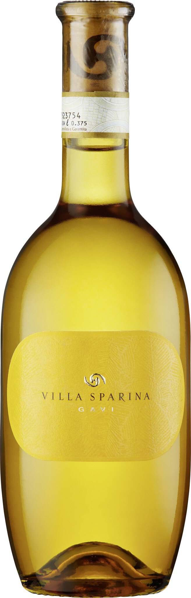 Eine Flasche Wein mit einer gelblichen Flüssigkeit. Die Flasche hat eine goldene Kappe und ein einfaches, elegantes Etikett ohne auffällige Designs. Der Hintergrund ist neutral.