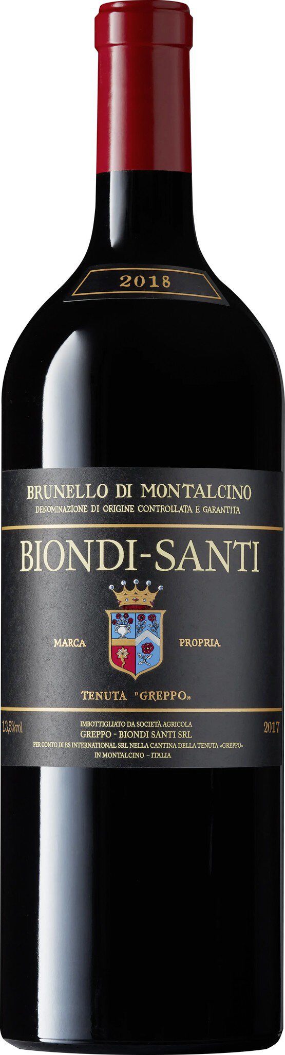 Eine Weinflasche mit schwarzem Etikett und rotem Kapselverschluss. Auf dem Etikett steht -Brunello di Montalcino-, sowie der Jahrgang -2018- und der Name -Biondi-Santi-.