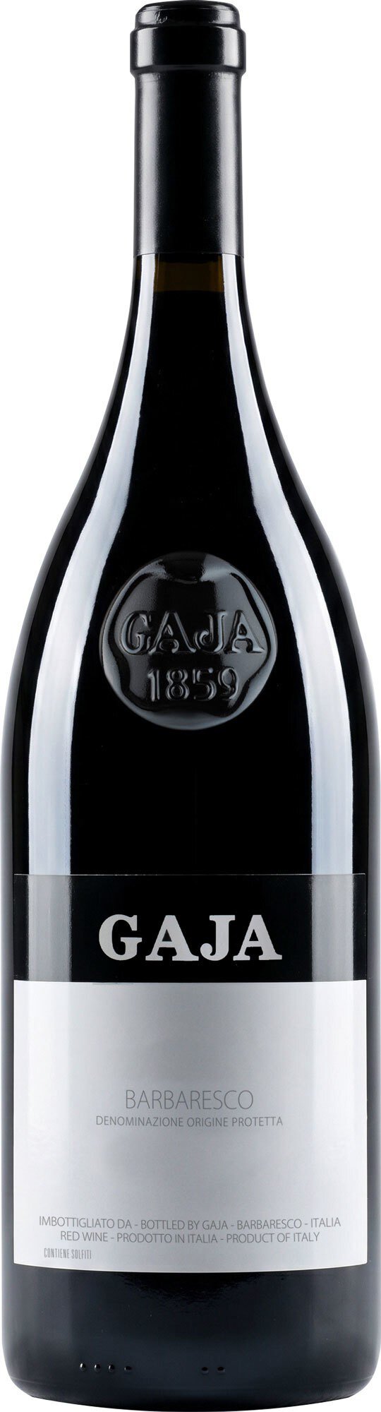 Eine elegante Flasche Wein mit einer schwarzen Etikette und silbernem Schriftzug -Gaja-. Sie steht auf einem neutralen Hintergrund und strahlt Premium-Qualität aus.