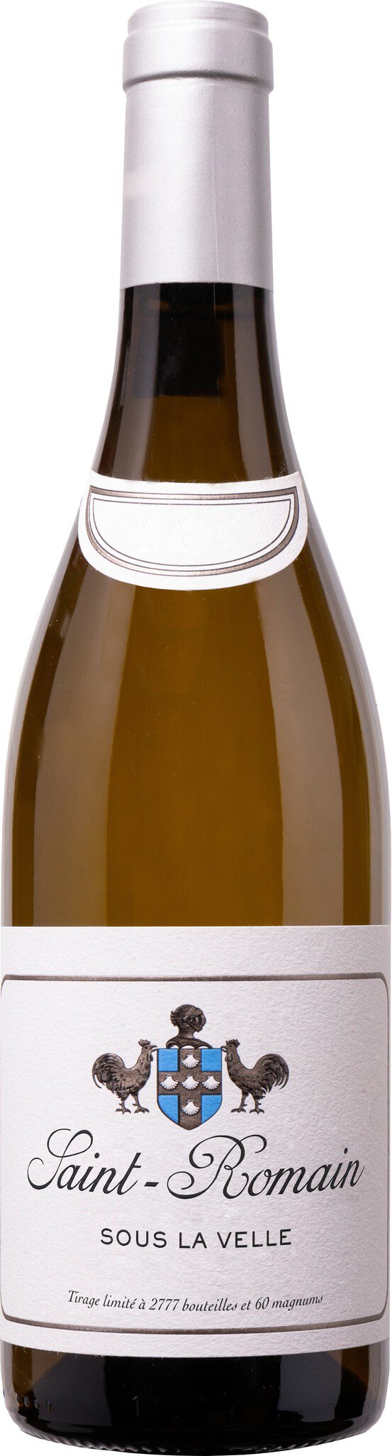 Eine Flasche Weißwein steht aufrecht. Der Glasflakon hat ein schlichtes, elegantes Design mit einem weißen Etikett, das einen floralen Aufdruck zeigt.