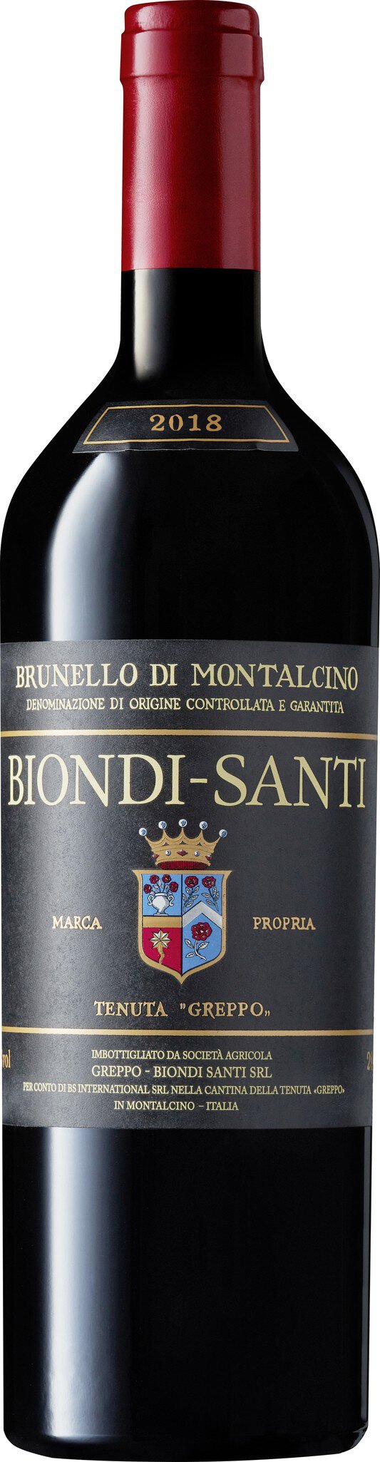 Eine Flasche Rotwein mit rotem Korken und einem eleganten Etikett. Auf dem Etikett stehen die Worte -Brunello di Montalcino-, -BIONDI-SANTI- und das Jahr -2018-. Der Hintergrund ist schwarz mit goldenen Akzenten.