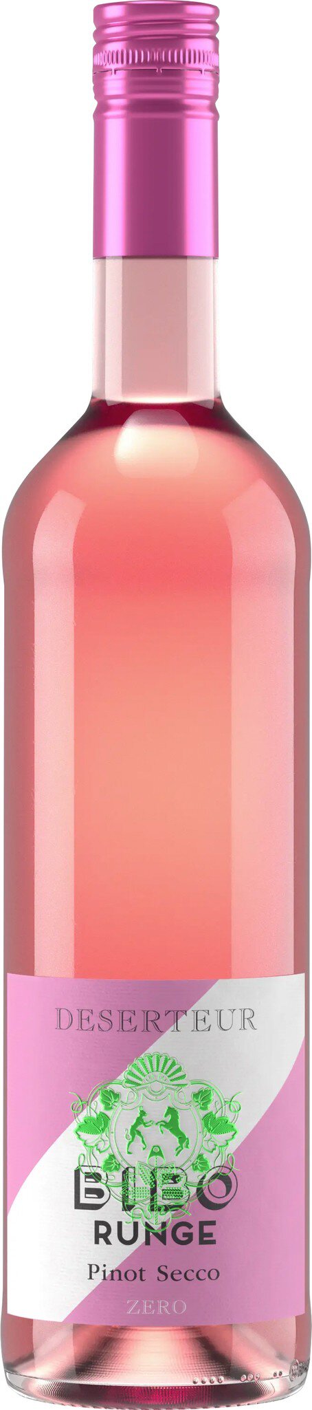 Eine Flasche mit Roséwein steht auf einem neutralen Hintergrund. Die Flasche hat eine geschwungene Form und einen rosafarbenen Deckel. Auf dem Etikett ist ein grünes Logo oder Design zu sehen.