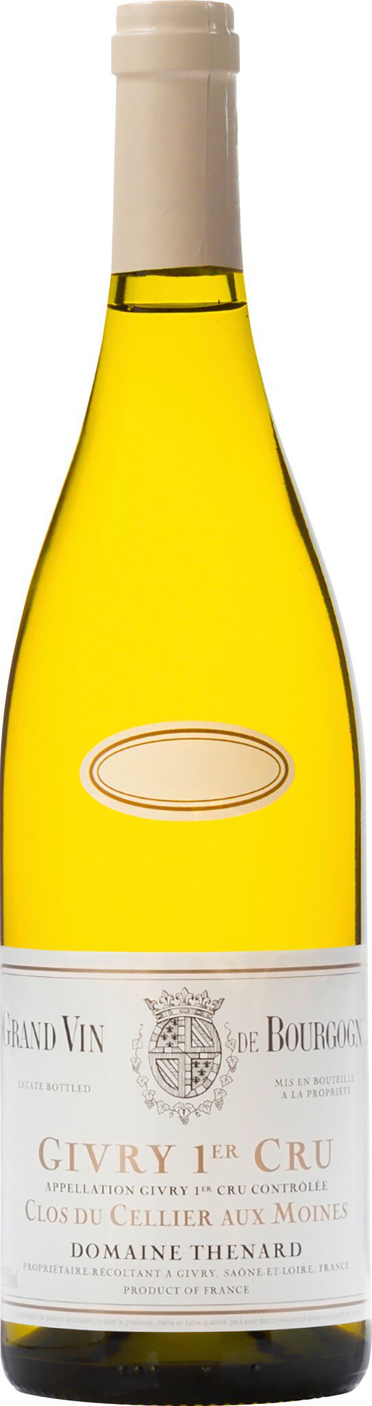 Eine Flasche weißer Wein steht aufrecht. Der klare, leuchtend gelbe Wein ist durch den glassernen Körper sichtbar. Die Etikette enthält Informationen über den Wein, während der Korken den Verschluss bildet.