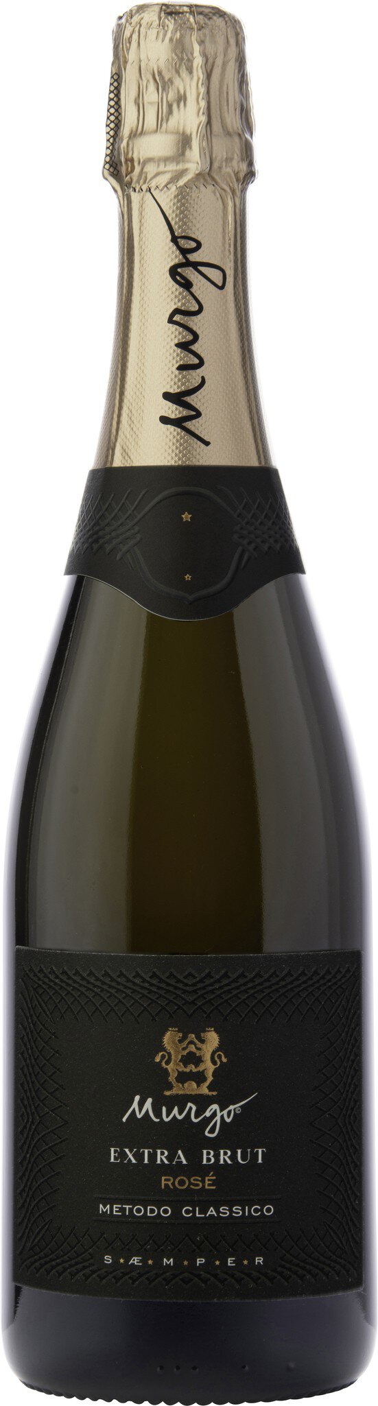Eine elegante Flasche Sekt steht auf einem neutralen Hintergrund. Der Flaschenhals ist mit goldener Folie und einem schwarzen Etikett versehen, das dezent und stilvoll wirkt.