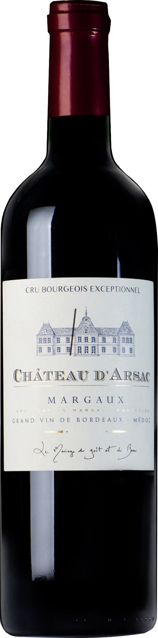 Eine Flasche Rotwein steht auf einem weißen Hintergrund. Das Etikett zeigt den Schriftzug in eleganter Schrift und enthält Informationen über den Wein, jedoch ohne klare Details zu sehen.