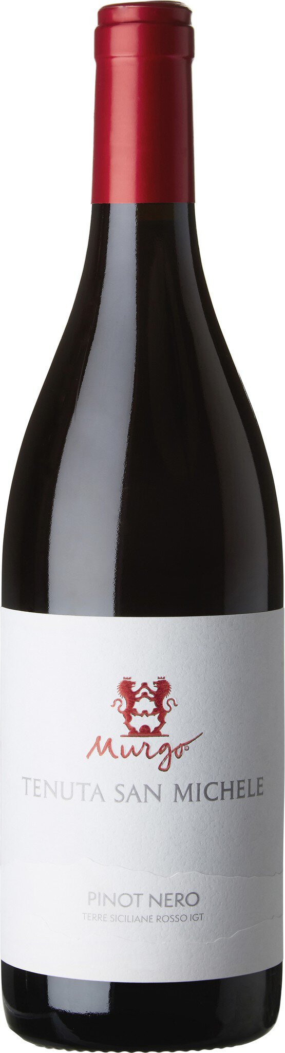 Eine Flasche Rotwein mit einem roten Korken und einem eleganten Etikett in Weiß. Die Flasche hat eine schlanke Form und steht auf einem neutralen Untergrund.