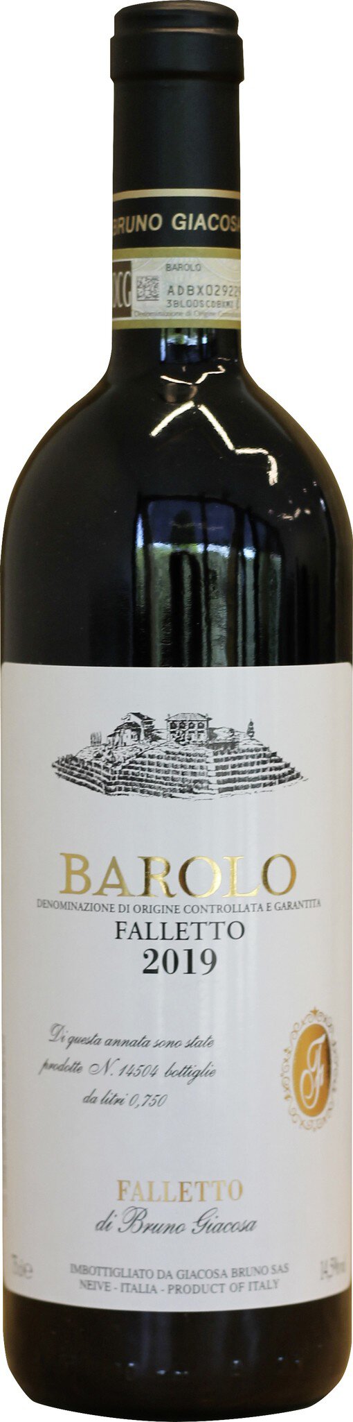 Eine Flasche Barolo Wein aus der Jahrgangsnummer 2019. Der Etikett zeigt den Weinnamen -Falletto- und Informationen über die Herkunft und Abfüllung in Italien.
