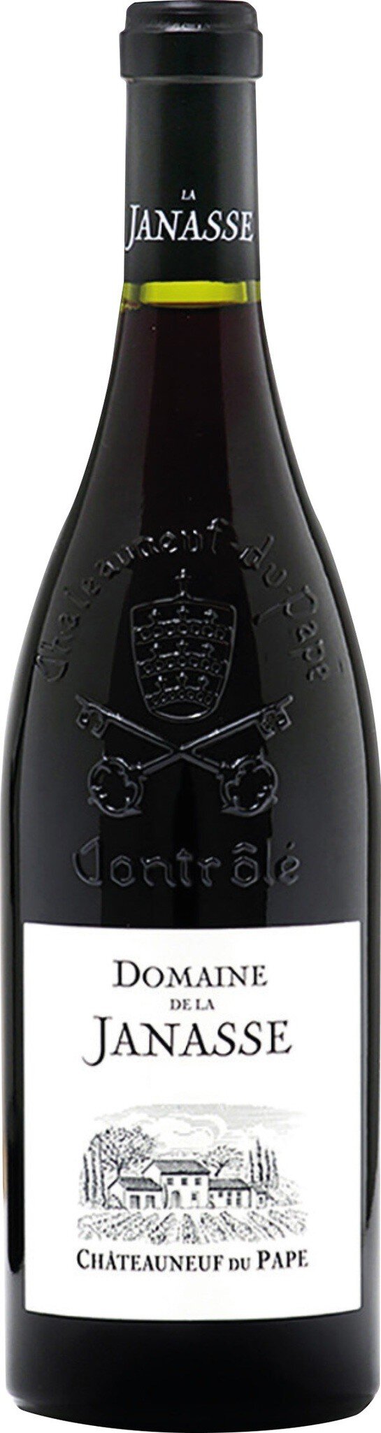 Eine Flasche Rotwein mit einem dunklen Etikett und einem weißen Schriftzug. Der Wein hat einen eleganten, hohen Hals und ist vor einem neutralen Hintergrund platziert.