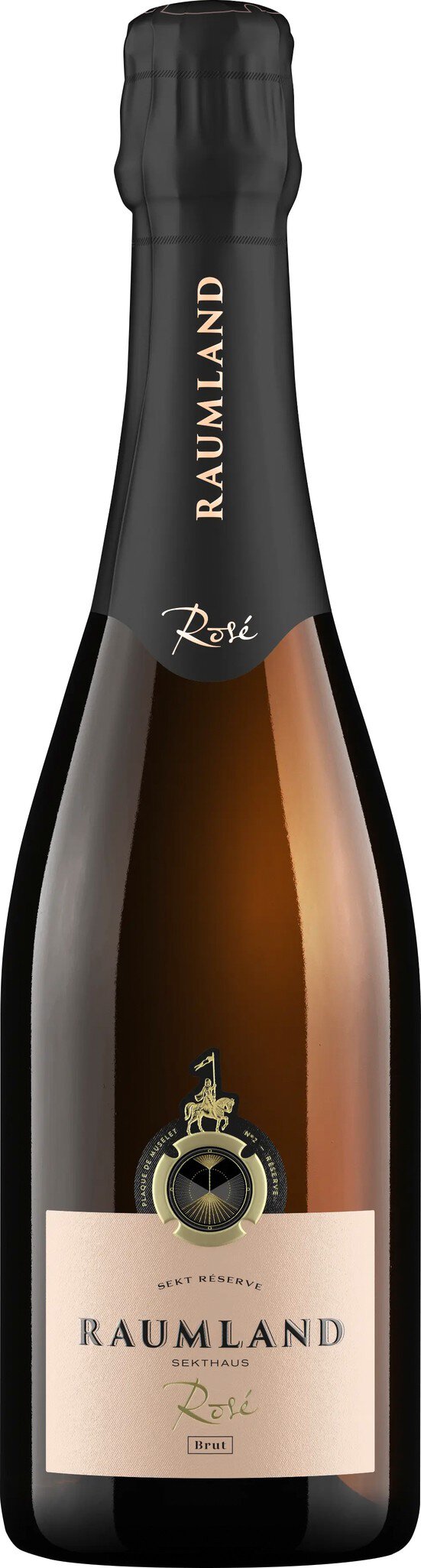 Eine elegante Flasche Sekt mit schwarzem Etikett und goldener Verzierung steht auf weißem Hintergrund. Die Form ist schlank, und der Korken befindet sich in der typischen Position.