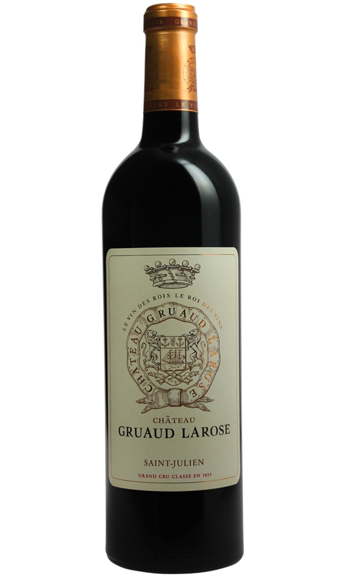 Eine Flasche Rotwein mit einem goldenen Korken. Das Etikett zeigt schriftliche Informationen und ein Wappen. Der Hintergrund ist neutral, um die Flasche hervorzuheben.