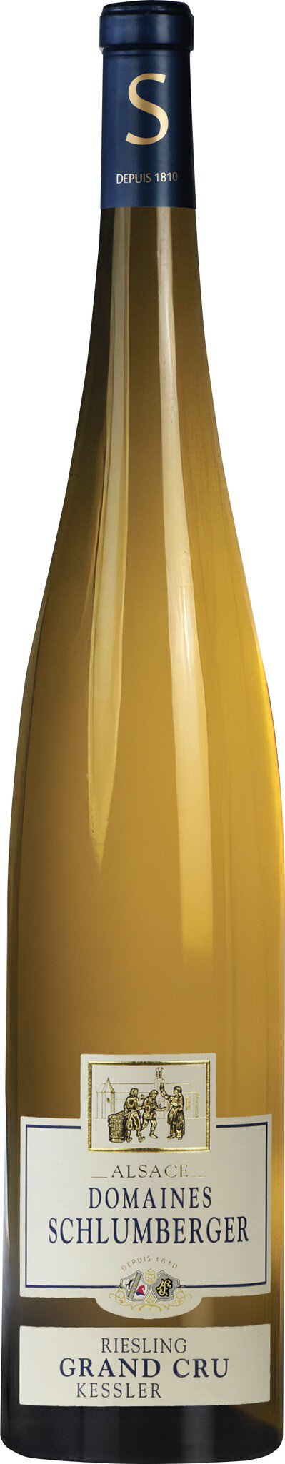 Eine elegante Flasche Weißwein ist im Fokus, wobei der Wein im Inneren golden schimmert. Der Hintergrund ist neutral, um die Flasche hervorzuheben.