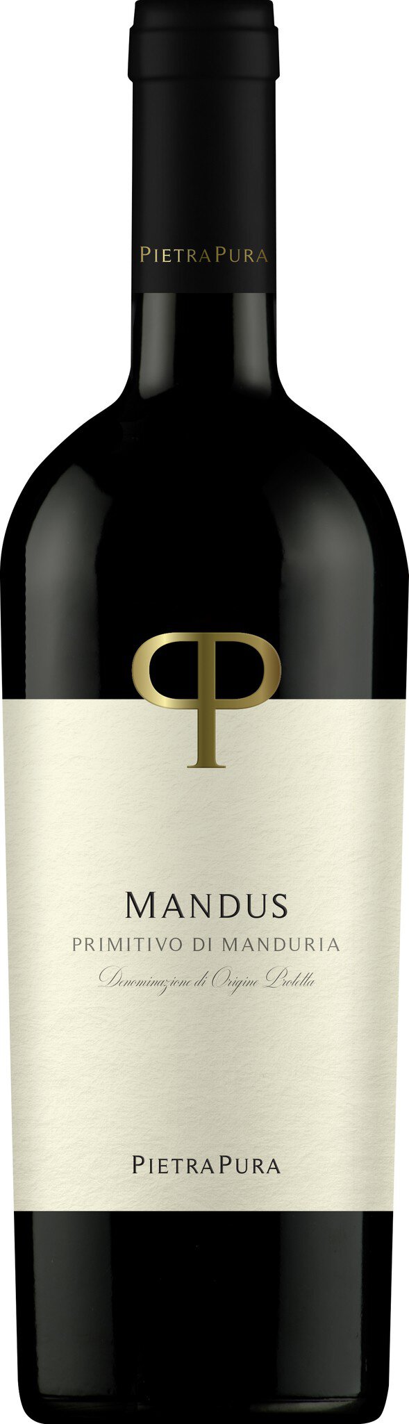 Eine Flasche Rotwein mit schwarzem Etikett, goldener Schrift und markantem Logo. Auf dem Etikett steht -Mandus Primitivo di Manduria- und der Name des Herstellers -PietraPura-.