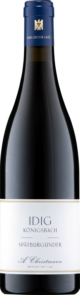 Eine Weinflasche mit einem blauen Korken. Die Flasche hat ein schlichtes, elegantes Etikett in Weiß, das Details über den Wein enthält. Sie steht vor einem neutralen Hintergrund.