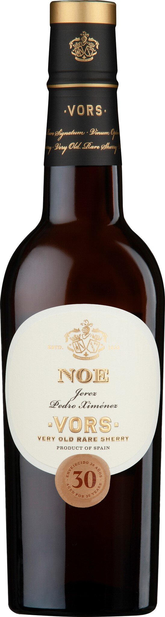 Ein eleganter, dunkler Flaschenkörper steht im Mittelpunkt, mit einem verzierten Etikett und goldenen Akzenten. Die Flasche scheint hochwertige Wein- oder Spirituosenverpackung zu repräsentieren.