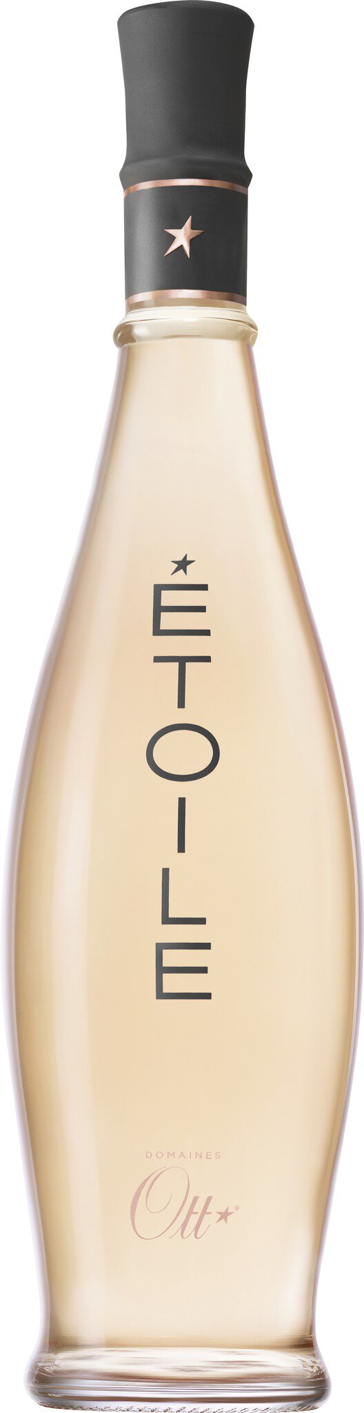 Eine stilvolle Flasche mit einer schlanken, langgezogenen Form und einem schwarzen Deckel. Der Inhalt ist klar oder leicht gefärbt, etikettiert mit dem Namen des Produkts.