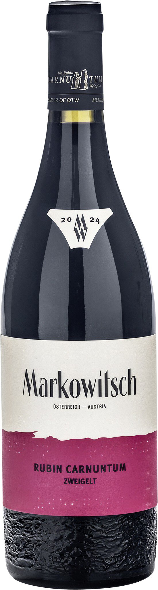 Eine Weinflasche mit schwarzem Etikett und pinkem unteren Abschnitt. Der Name -Niederhuth- ist prominent sichtbar, zusammen mit weiteren Details zum Wein. Der Flaschenhals ist mit einer Kapsel verschlossen.