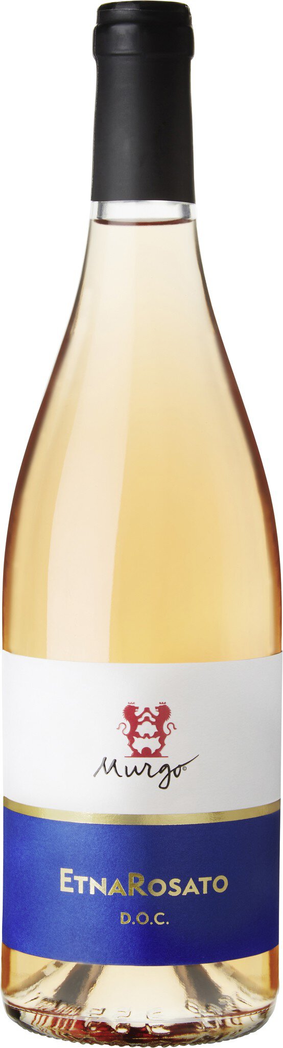 Ein eleganter Flasche Roséwein mit einem blauen Etikett und einem weißen Kragen, auf dem ein Wappen abgebildet ist. Der Wein präsentiert sich in einem neutralen Hintergrund.
