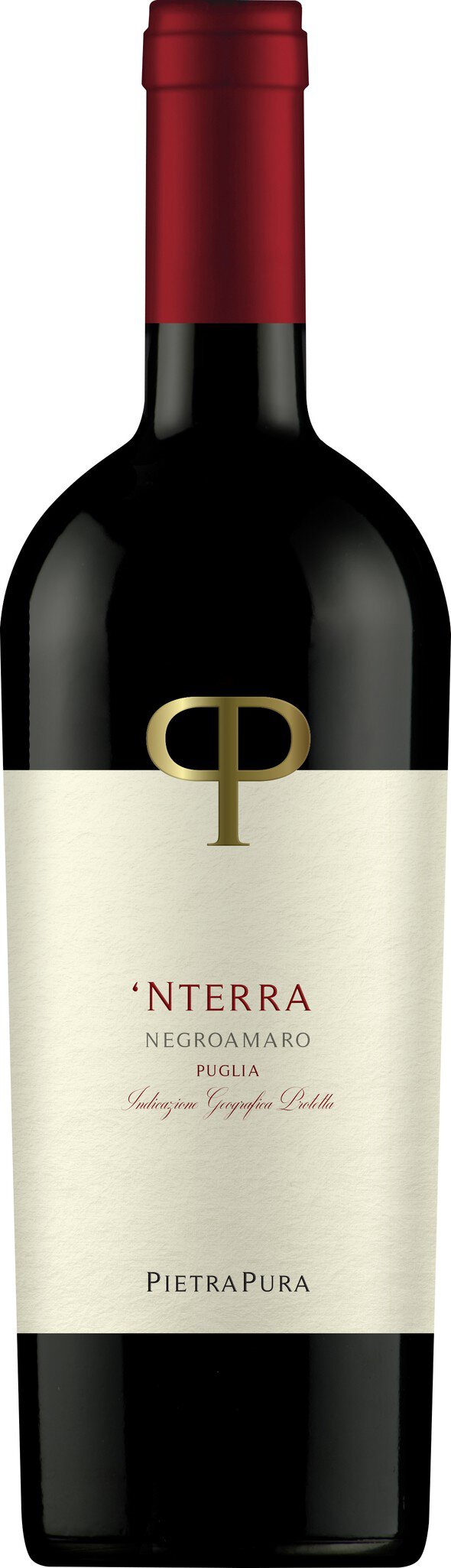 Eine Weinflasche mit rotem Kapselverschluss, schwarzem Körper und einem hellen Etikett. Das Etikett trägt den Namen --Nterra- und beschreibt den Wein als Negroamaro aus Puglia, Italien.