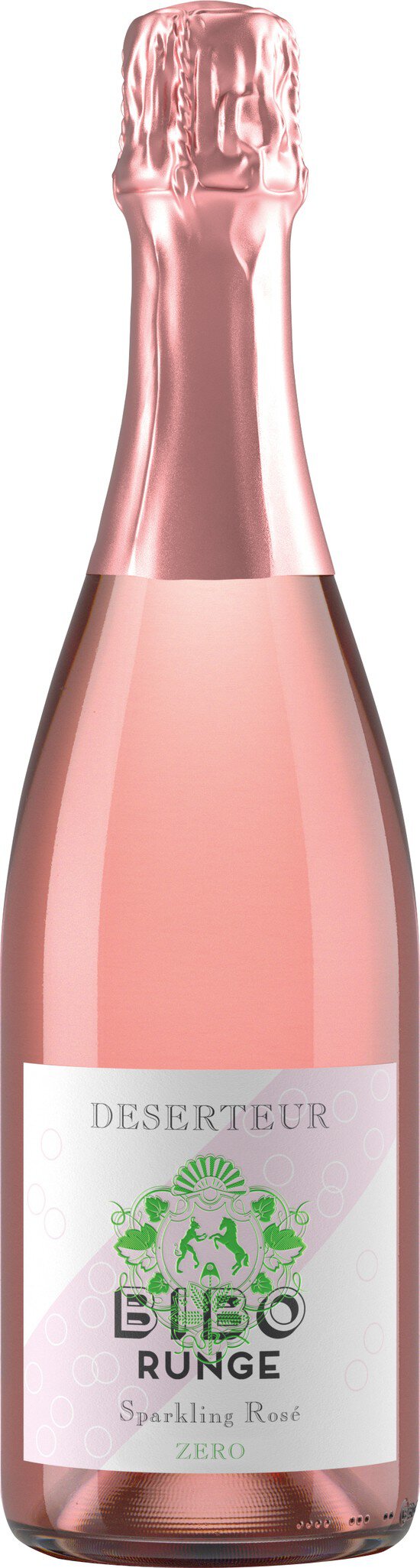 Eine Flasche roséfarbener Schaumwein steht aufrecht. Die Flasche hat ein elegantes Design mit einem hellen Etikett, das ein grünes Logo zeigt.